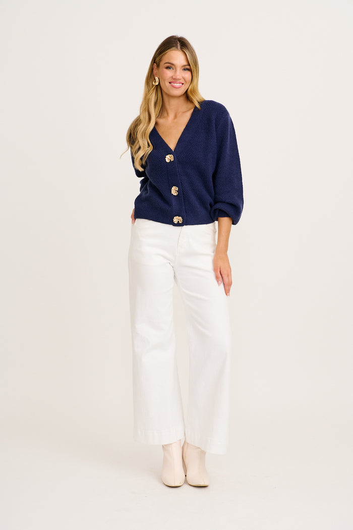 Feel The Chill Knit Cardigan in Navy Cotton Blend full length