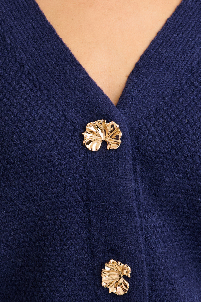Feel The Chill Knit Cardigan in Navy Cotton Blend detail