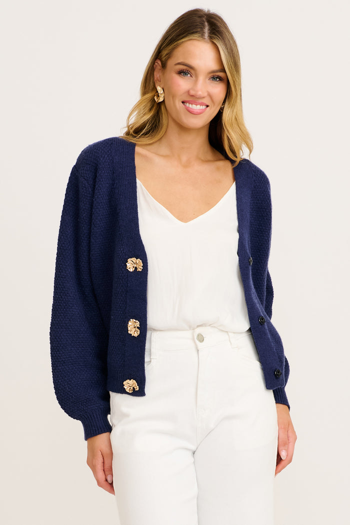 Feel The Chill Knit Cardigan in Navy Cotton Blend front