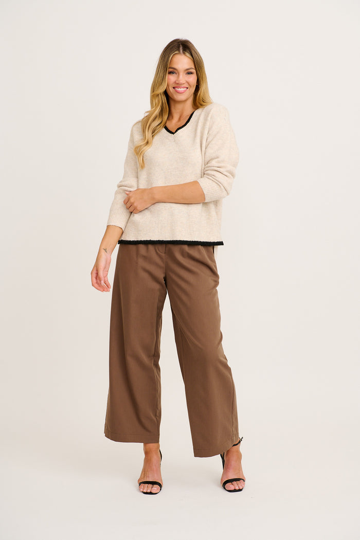 Morning Mist Knit in Cream with Black Trim Wool Blend full length