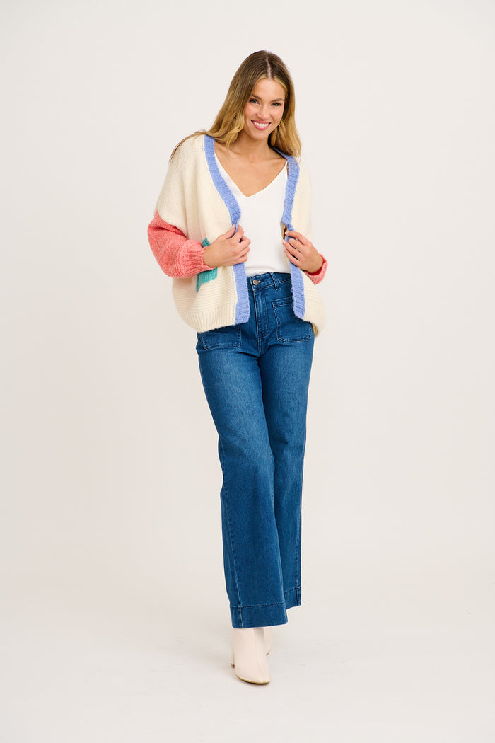 Soft Sprinkle Knit Cardigan in Cream with Pink Colourblock Wool Blend full length