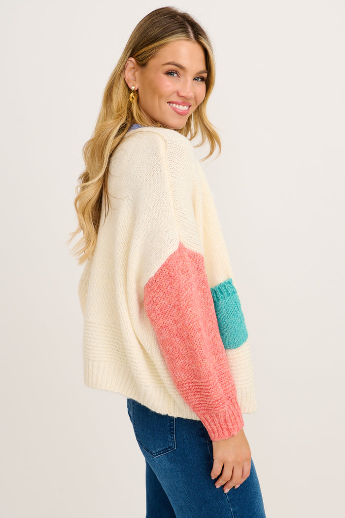 Soft Sprinkle Knit Cardigan in Cream with Pink Colourblock Wool Blend side