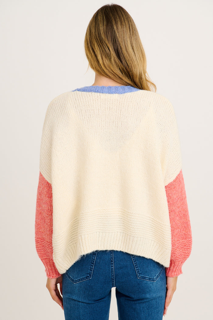 Soft Sprinkle Knit Cardigan in Cream with Pink Colourblock Wool Blend back