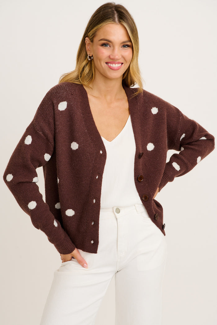 Comforting Knit Cardigan in Chocolate Polka Dot front