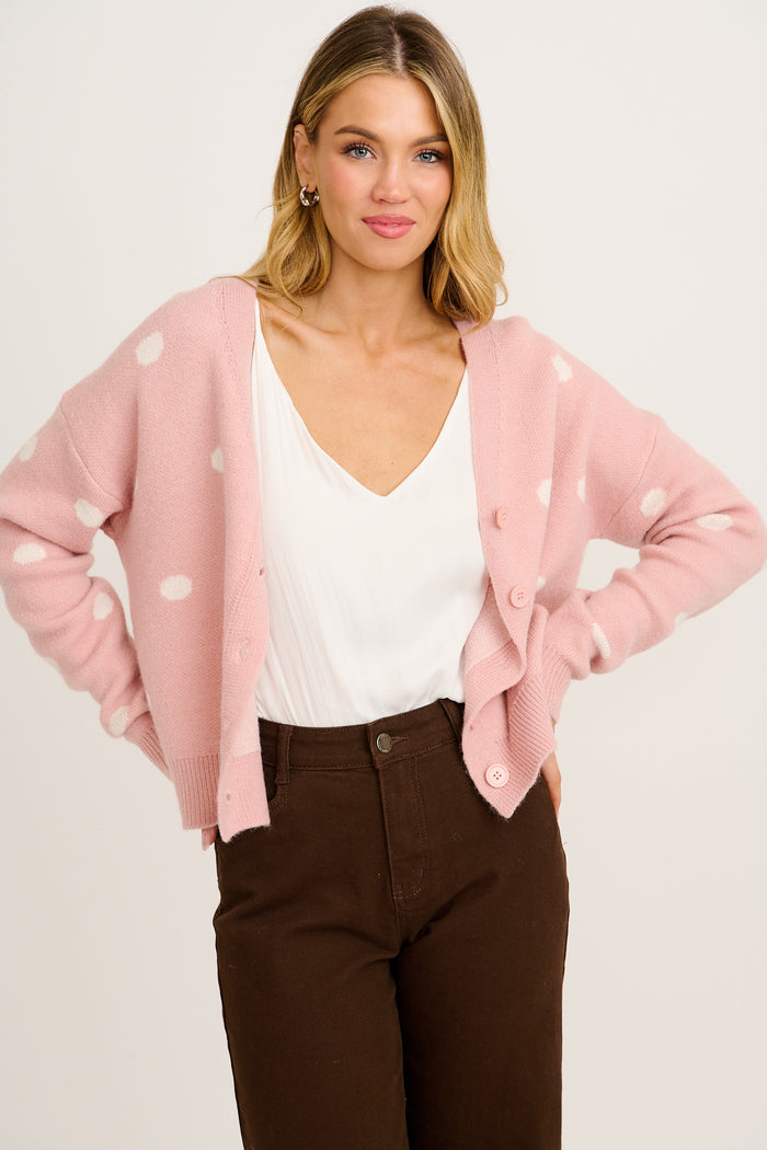 Comforting Knit Cardigan in Pink Polka Dot front