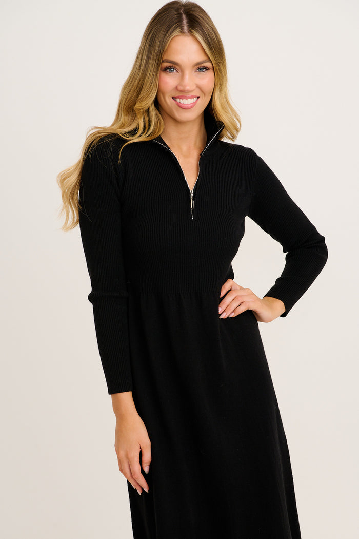 Contour Knit Zip Midi Dress in Black | St Frock