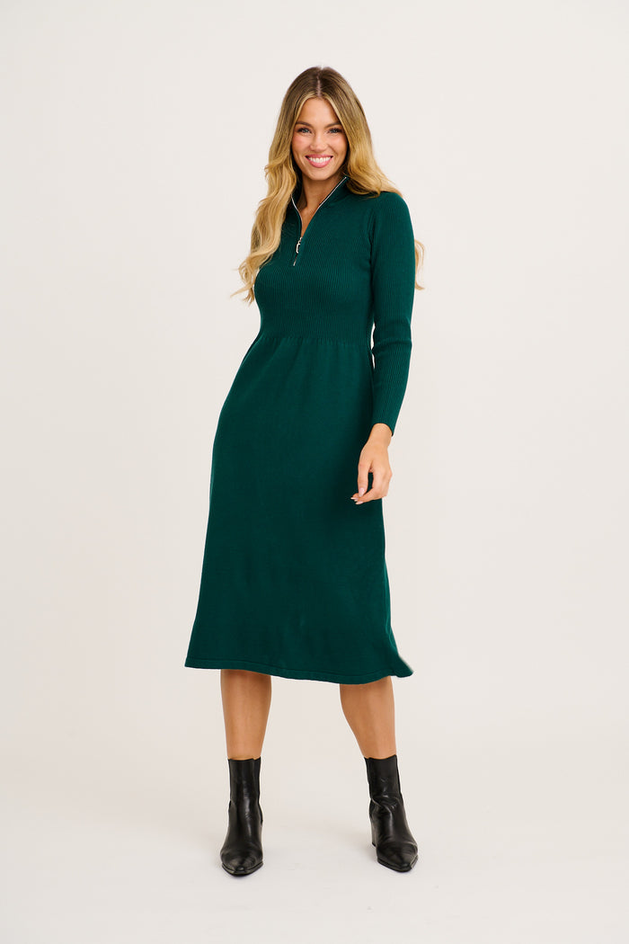 Contour Knit Zip Midi Dress in Green full length