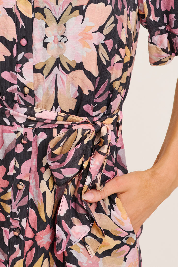 Daylight Loving Shirt Dress in Black Multi Floral detail