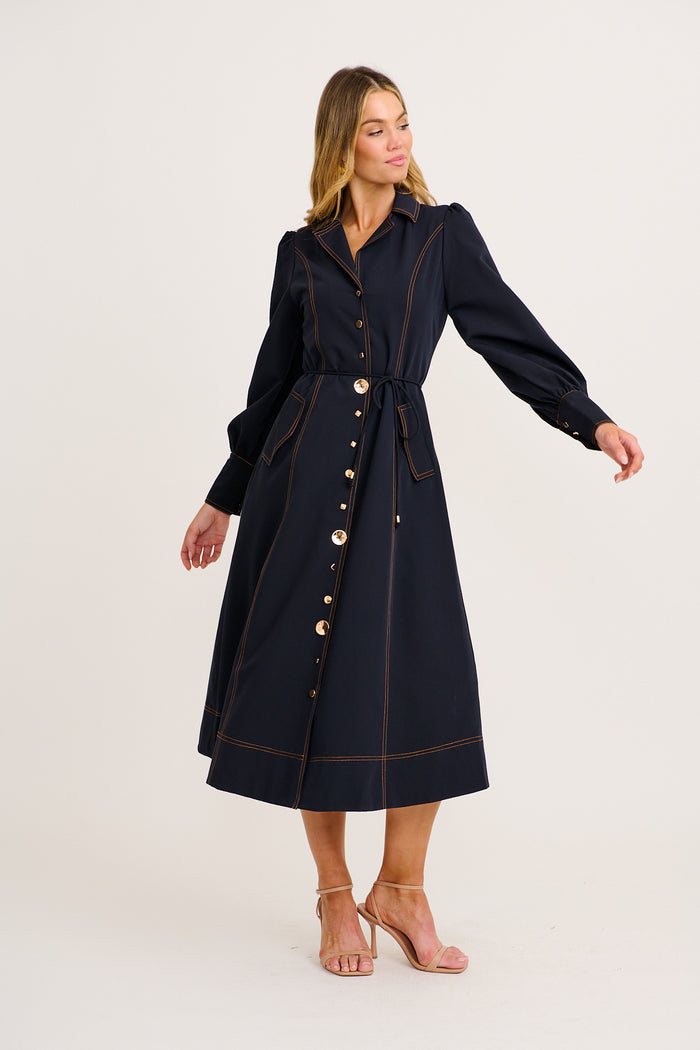 Attire Midi Shirt Dress in Navy full length