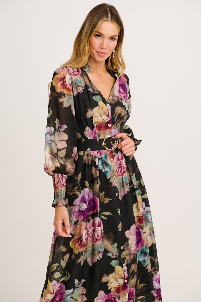 Ramona Maxi Dress in Black with Multi Floral front