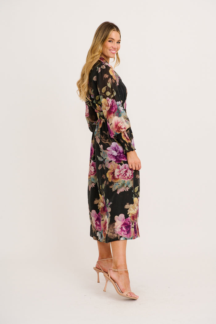 Ramona Maxi Dress in Black with Multi Floral side