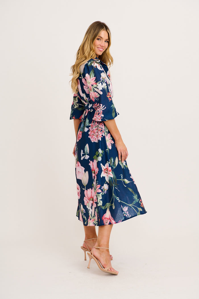 Art Of Bloom Midi Shirt Dress in Navy Floral Linen Blend side