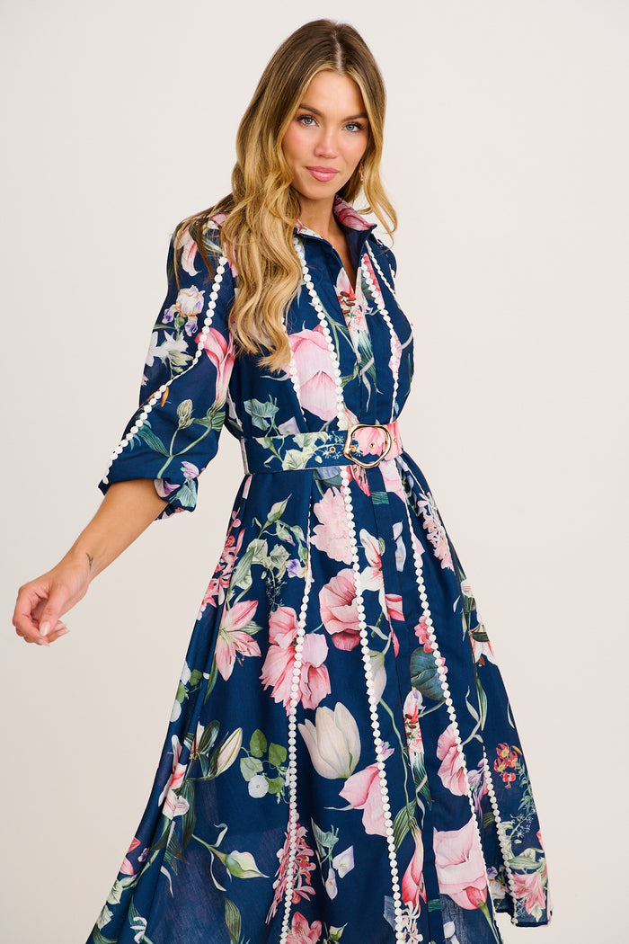 Art Of Bloom Midi Shirt Dress in Navy Floral Linen Blend front