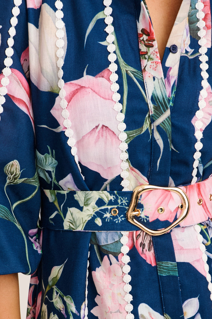 Art Of Bloom Midi Shirt Dress in Navy Floral Linen Blend detail
