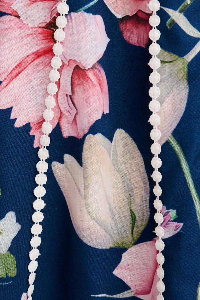 Art Of Bloom Midi Shirt Dress in Navy Floral Linen Blend fabric