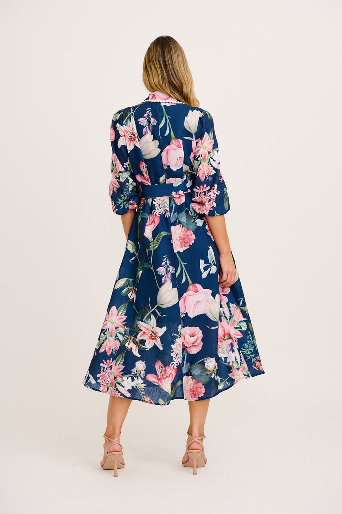 Art Of Bloom Midi Shirt Dress in Navy Floral Linen Blend back