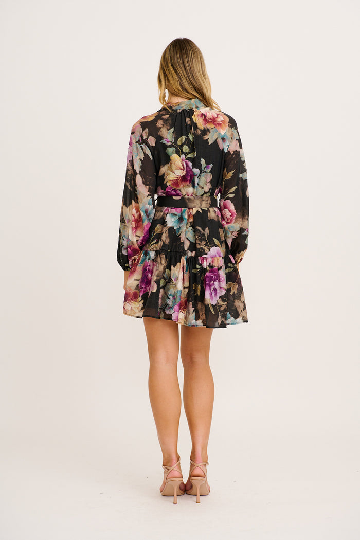 Crest Dress in Black with Multi Floral back
