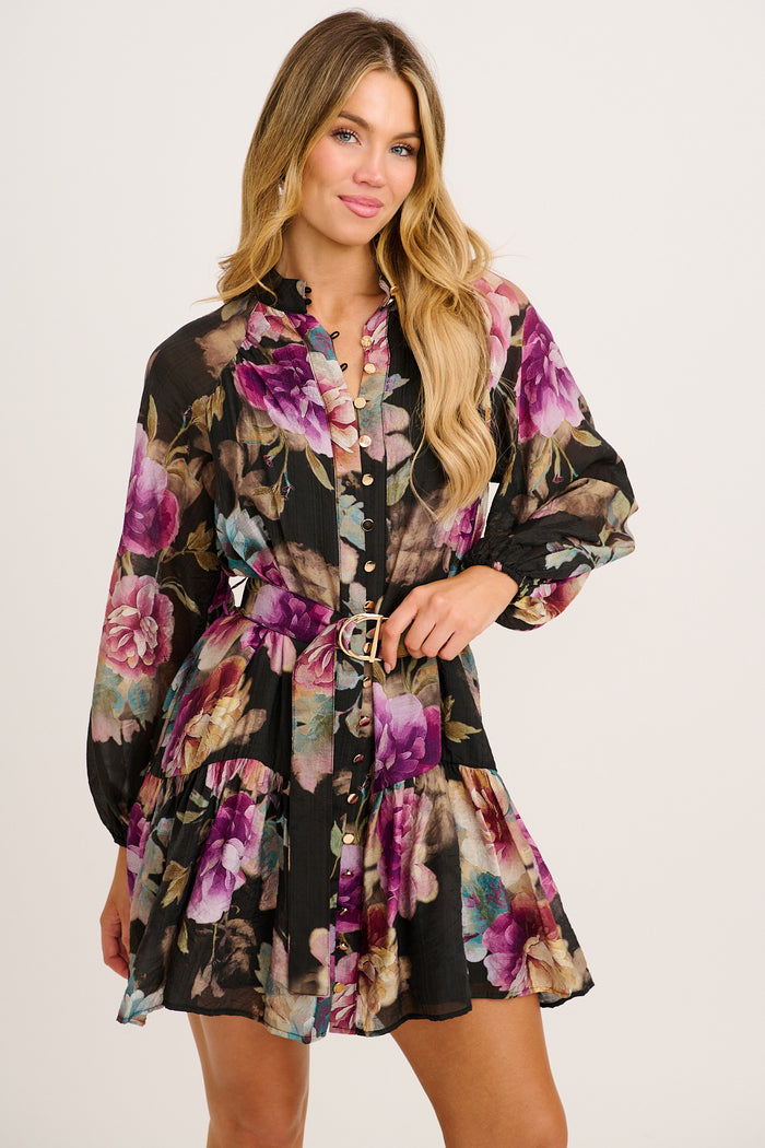 Crest Dress in Black with Multi Floral front