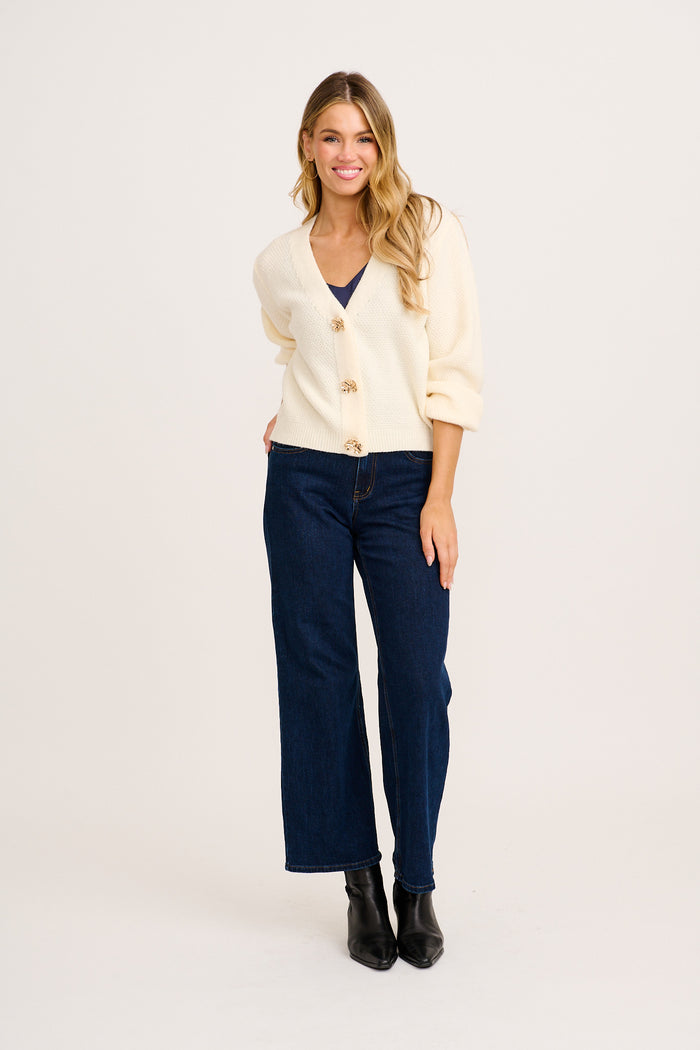 Feel The Chill Knit Cardigan in Cream Cotton Blend full length