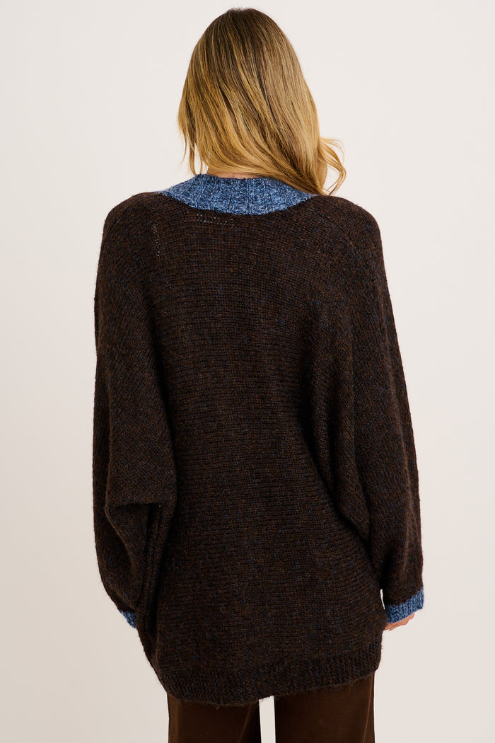 Soft as a Dream Knit Cardigan in Brown and Navy Marle Wool Blend back