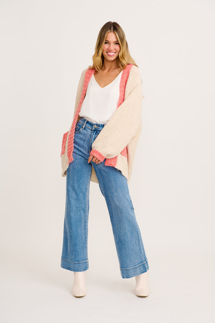 Soft as a Dream Knit Cardigan in Oatmeal And Pink Wool Blend full length