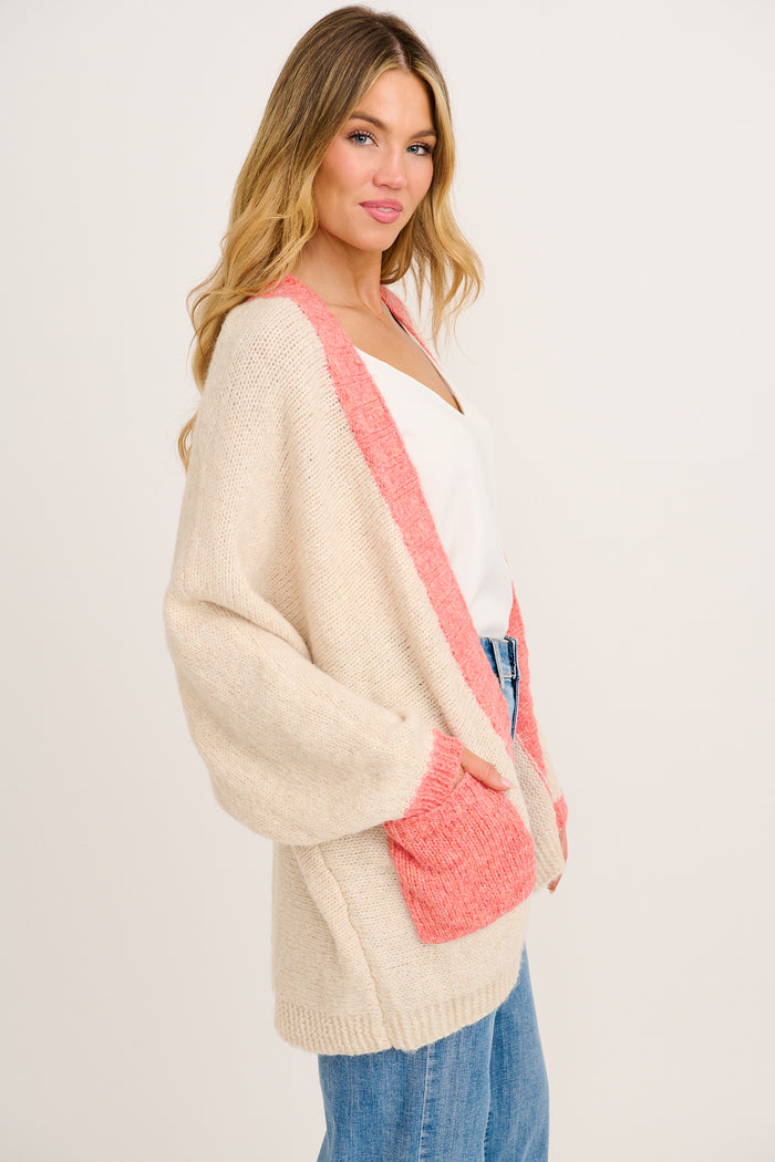 Soft as a Dream Knit Cardigan in Oatmeal And Pink Wool Blend side