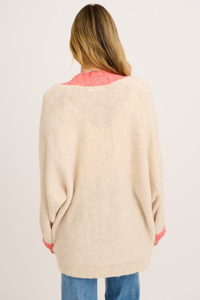 Soft as a Dream Knit Cardigan in Oatmeal And Pink Wool Blend back