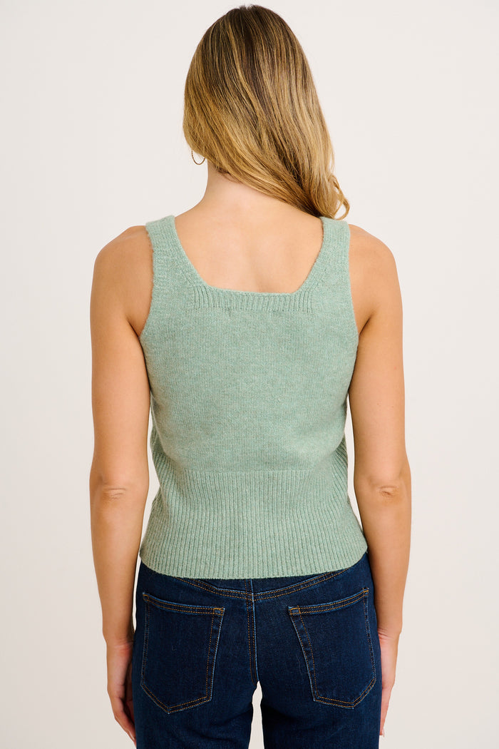 Soft Layers Knit Tank Top in Sage Green Marle Wool Blend back