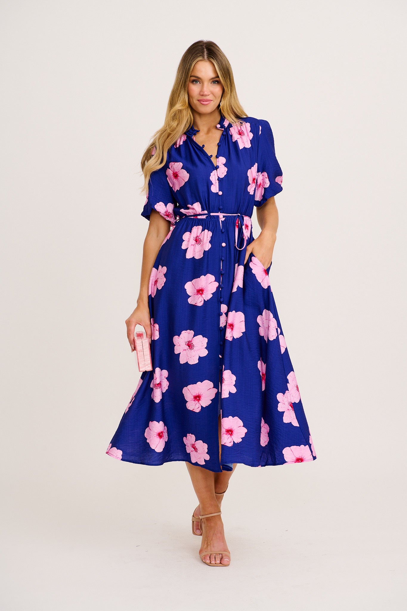 Graceful Elegance Maxi Dress in Navy with Pink Floral full length