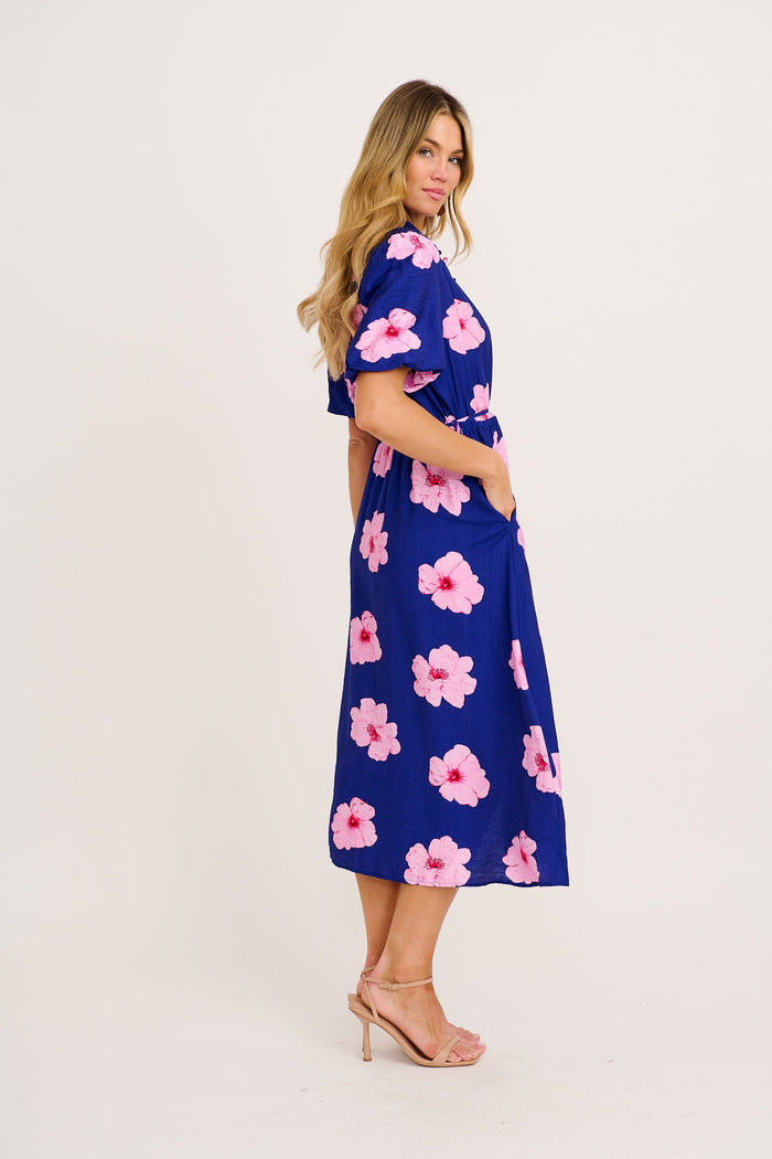 Graceful Elegance Maxi Dress in Navy with Pink Floral side