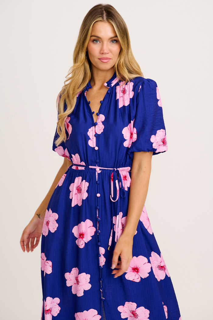Graceful Elegance Maxi Dress in Navy with Pink Floral front