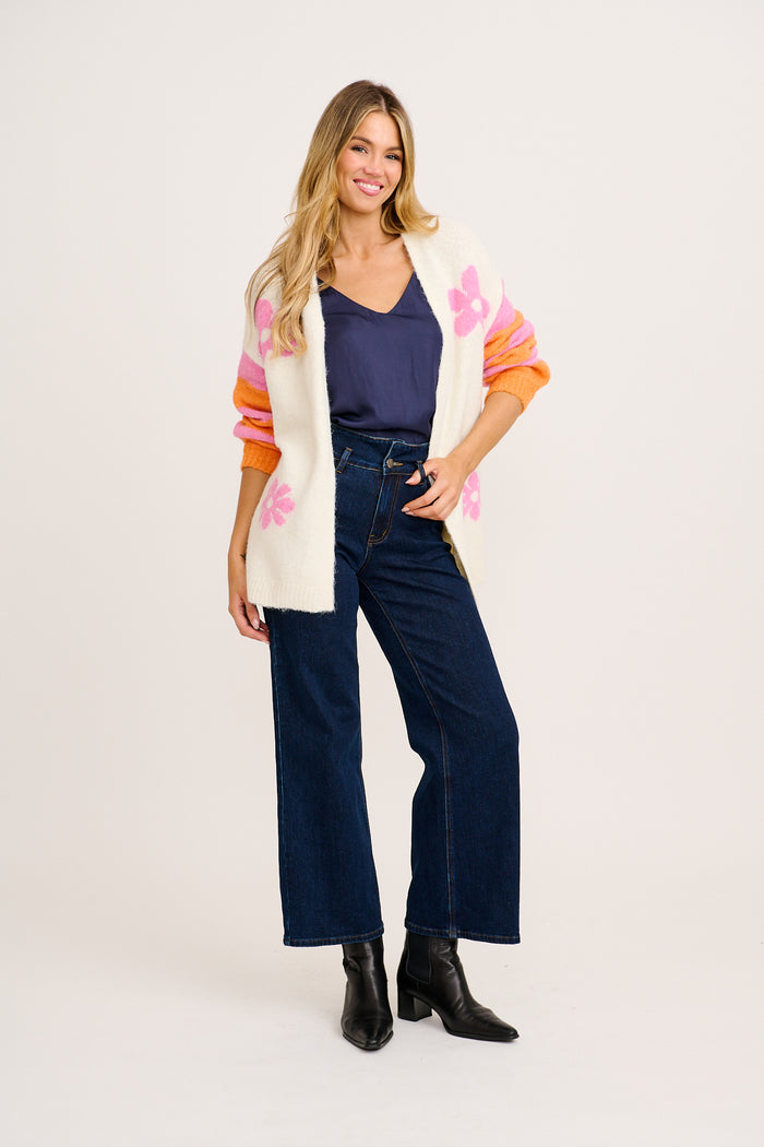 Captivate Knit Cardigan in Cream with Pink Floral Wool Blend full length