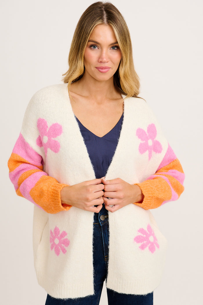 Captivate Knit Cardigan in Cream with Pink Floral Wool Blend front