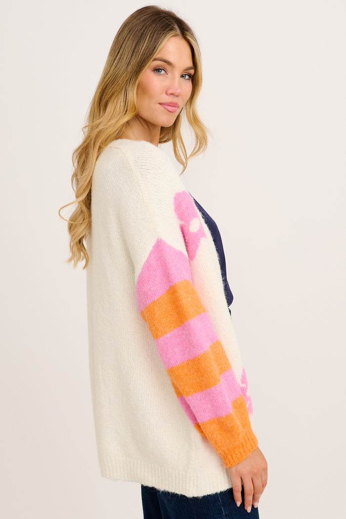 Captivate Knit Cardigan in Cream with Pink Floral Wool Blend side