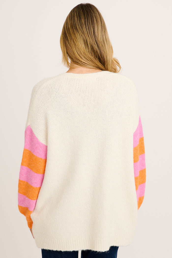 Captivate Knit Cardigan in Cream with Pink Floral Wool Blend back