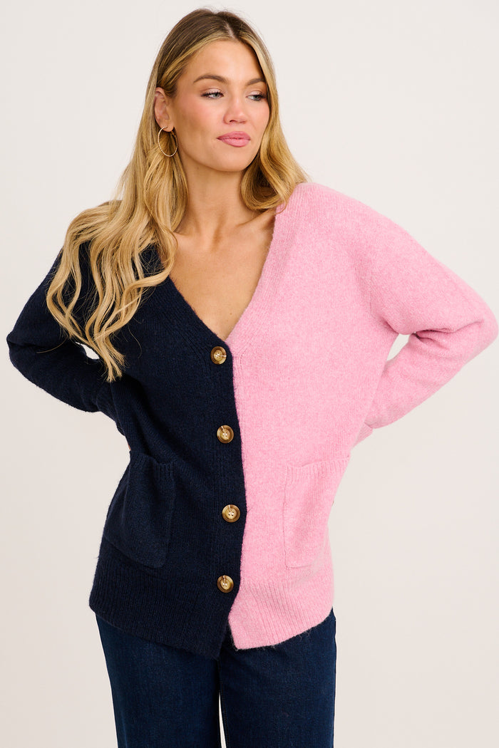 Winter Kiss Knit Cardigan in Navy and Pink Wool Blend front