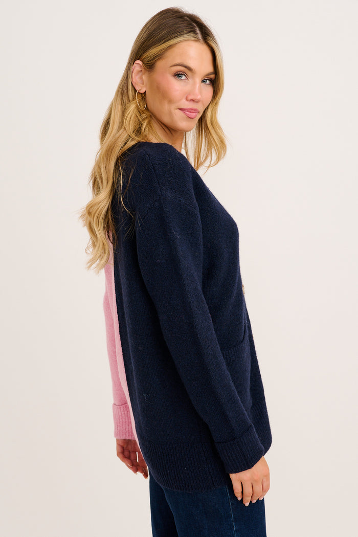 Winter Kiss Knit Cardigan in Navy and Pink Wool Blend side