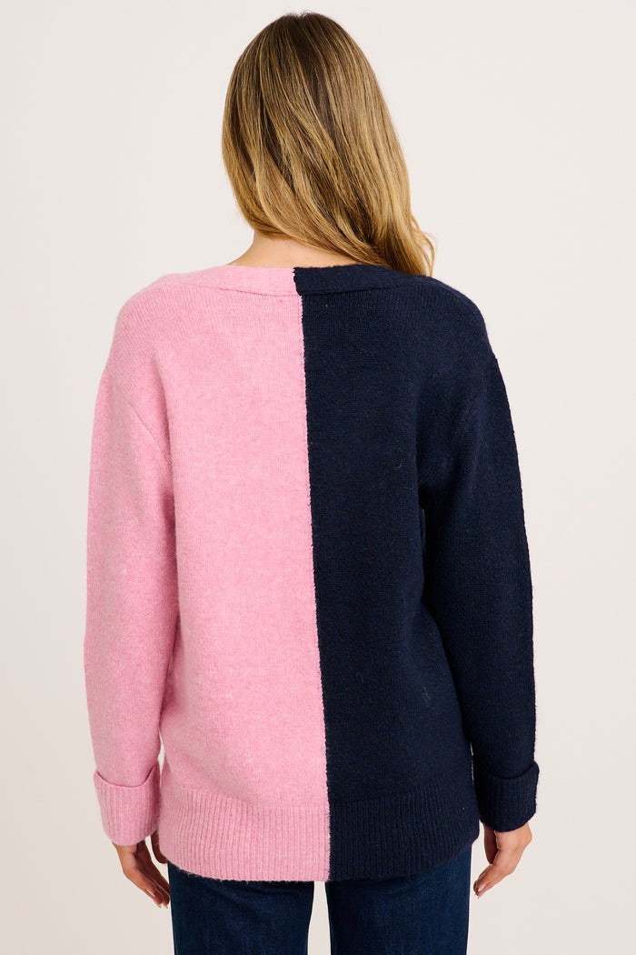 Winter Kiss Knit Cardigan in Navy and Pink Wool Blend back