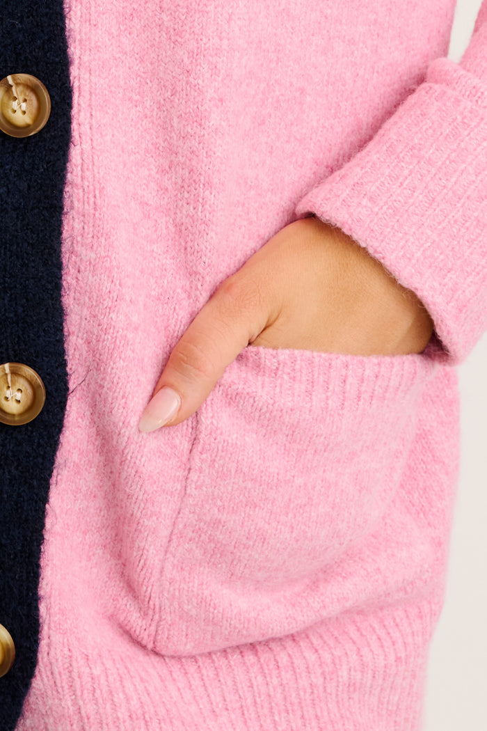Winter Kiss Knit Cardigan in Navy and Pink Wool Blend detail
