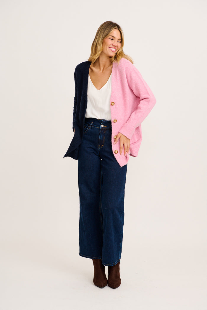 Winter Kiss Knit Cardigan in Navy and Pink Wool Blend full length