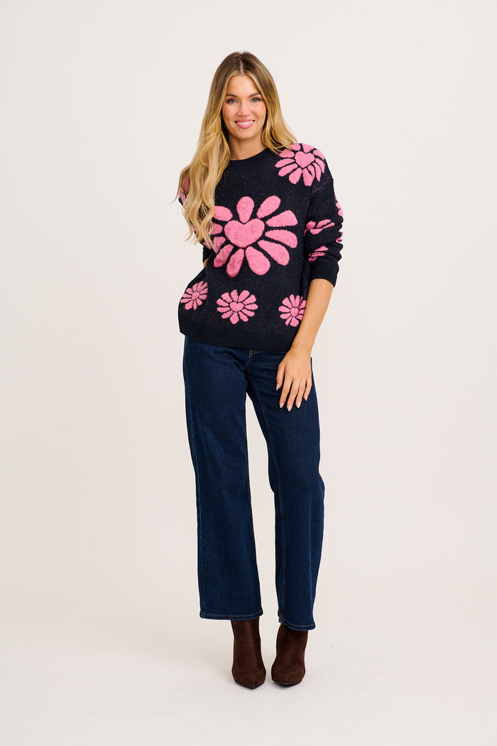 Flower Power Knit in Navy with Pink Floral Wool Blend full length