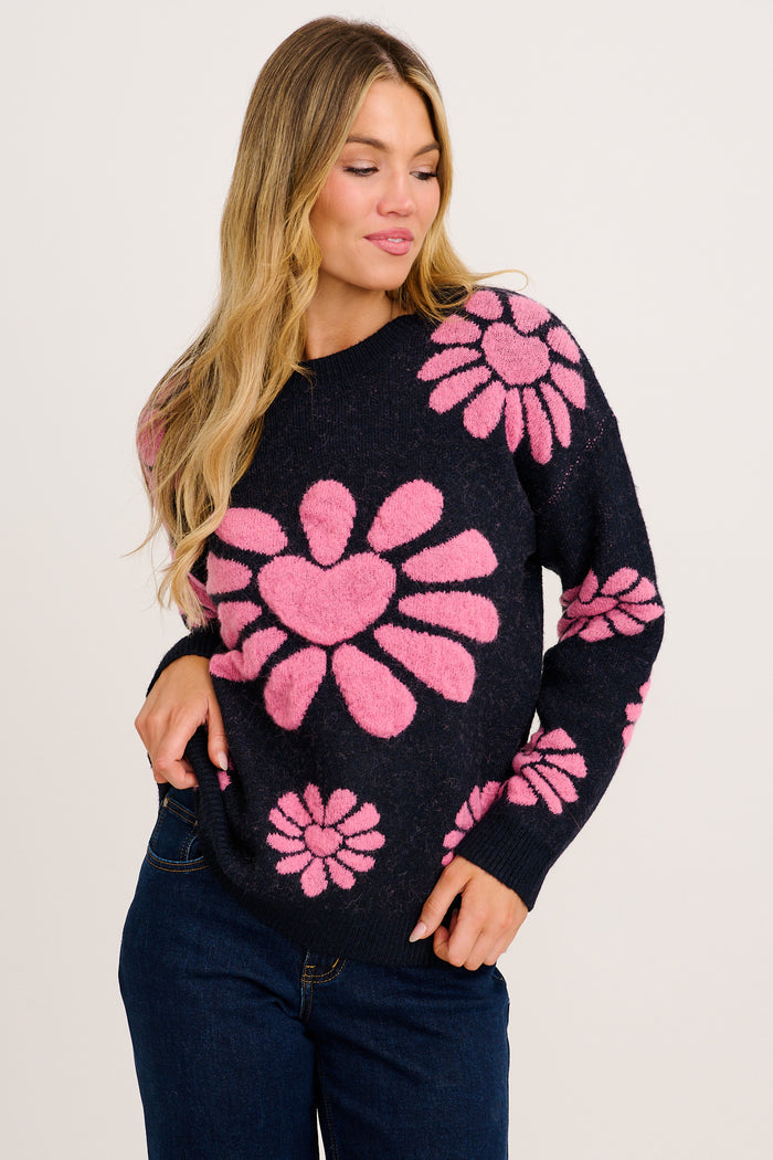 Flower Power Knit in Navy with Pink Floral Wool Blend front