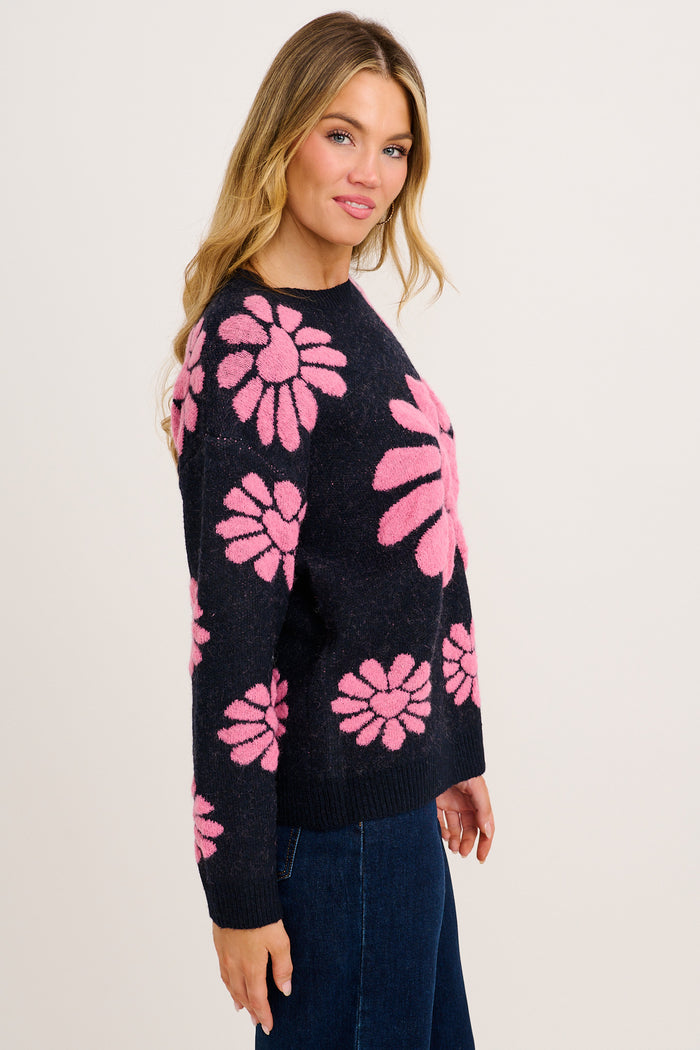 Flower Power Knit in Navy with Pink Floral Wool Blend side