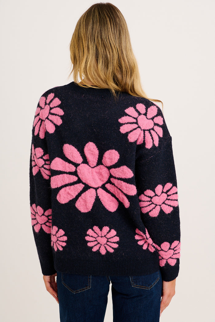 Flower Power Knit in Navy with Pink Floral Wool Blend back