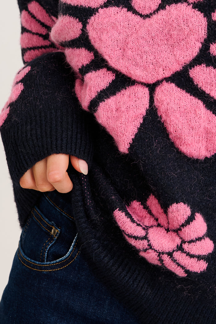 Flower Power Knit in Navy with Pink Floral Wool Blend detail