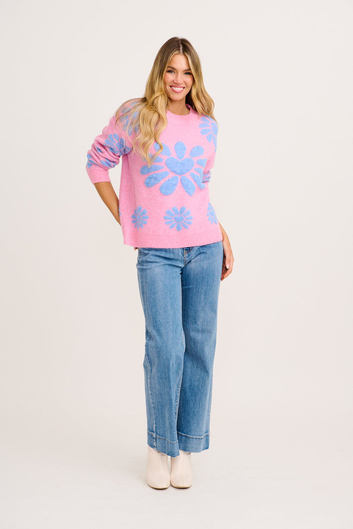 Flower Power Knit in Pink with Blue Flower Wool Blend full length