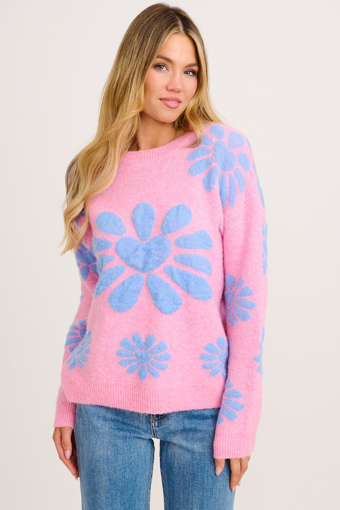 Flower Power Knit in Pink with Blue Flower Wool Blend front