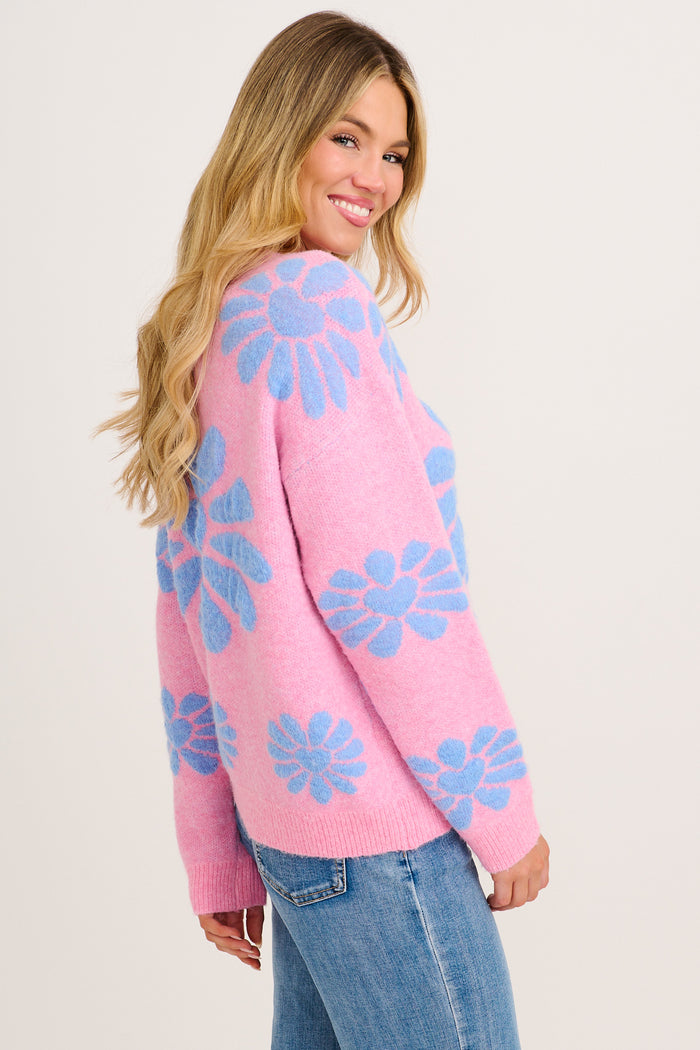 Flower Power Knit in Pink with Blue Flower Wool Blend side