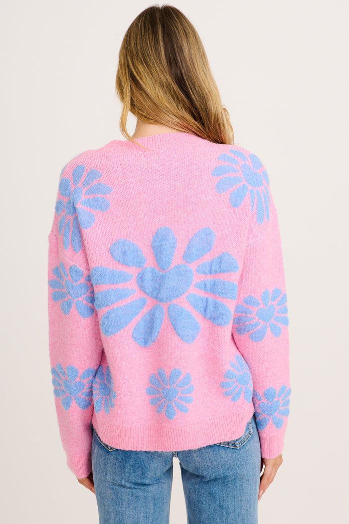 Flower Power Knit in Pink with Blue Flower Wool Blend back