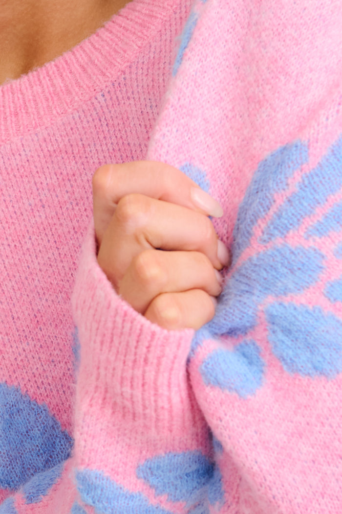 Flower Power Knit in Pink with Blue Flower Wool Blend detail